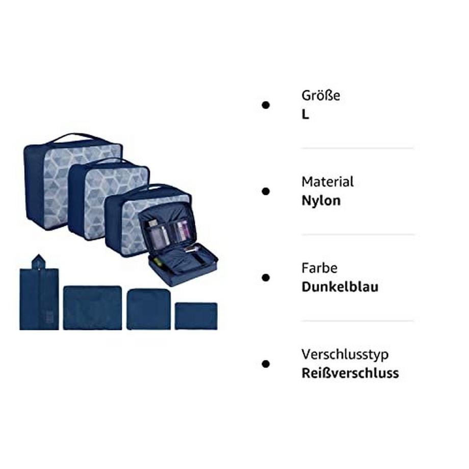 Only-bags.store  Lot de 8 cubes de rangement, cubes d'organisation pour valise, avec sac à chaussures, sac à linge, organisateur de voyage, sacs à vêtements, pour sac à dos, bleu foncé 