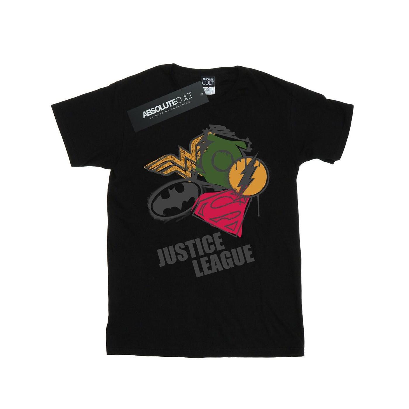 Image of Justice League Spray Logos Tshirt Damen Schwarz XL