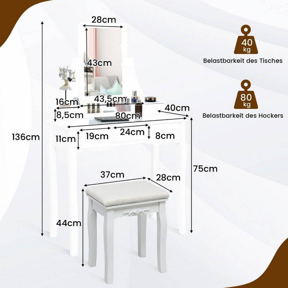 Northix  Coiffeuse avec éclairage LED, 5 tiroirs et tabouret, coiffeuse, table de maquillage blanche 