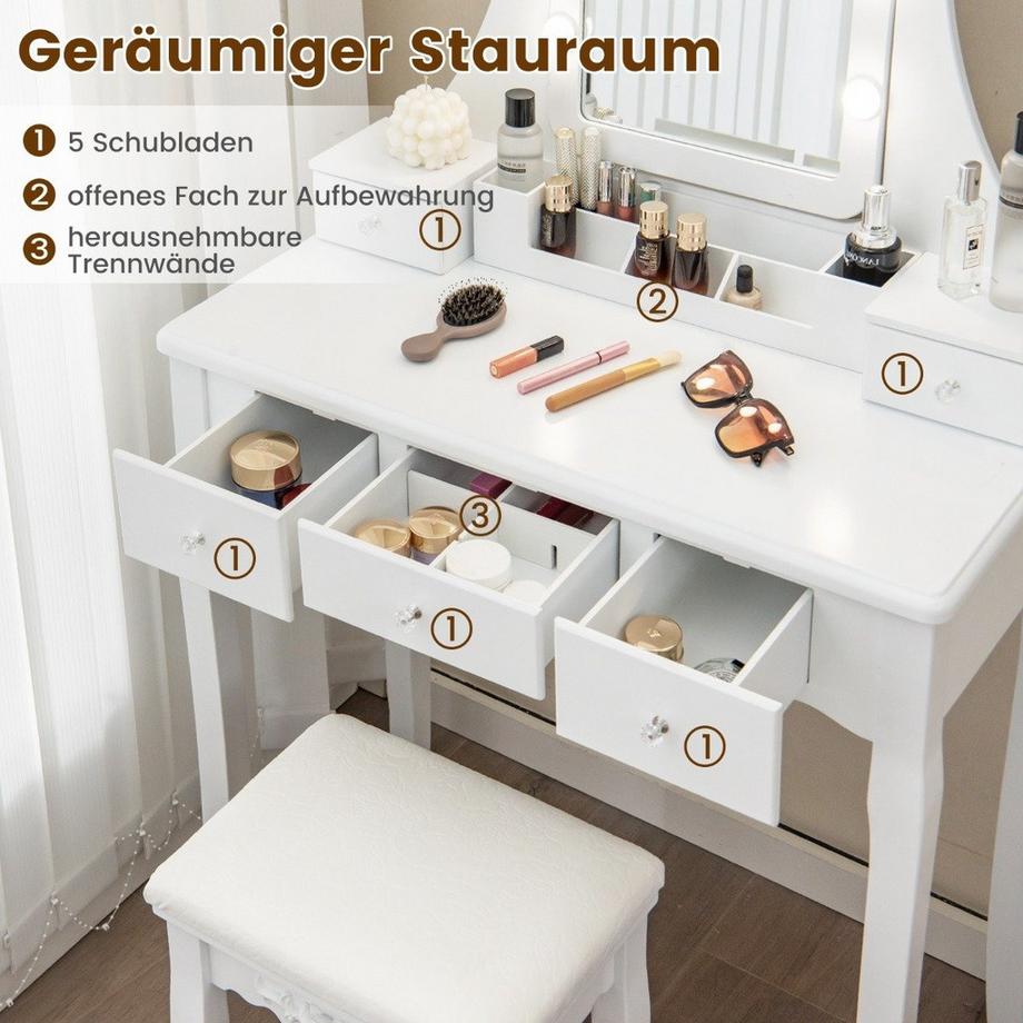 Northix  Coiffeuse avec éclairage LED, 5 tiroirs et tabouret, coiffeuse, table de maquillage blanche 