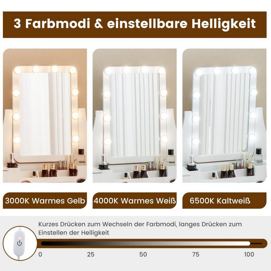 Northix  Coiffeuse avec éclairage LED, 5 tiroirs et tabouret, coiffeuse, table de maquillage blanche 