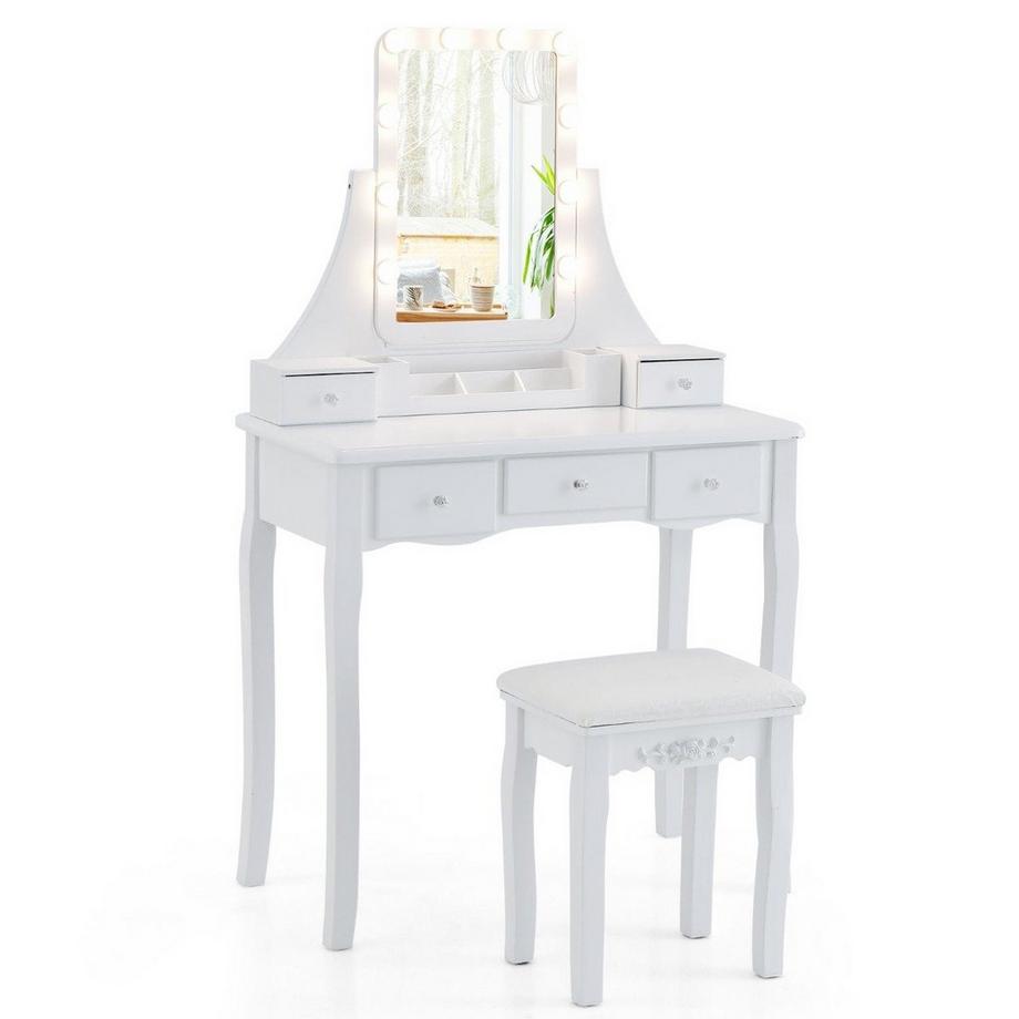 Northix  Coiffeuse avec éclairage LED, 5 tiroirs et tabouret, coiffeuse, table de maquillage blanche 