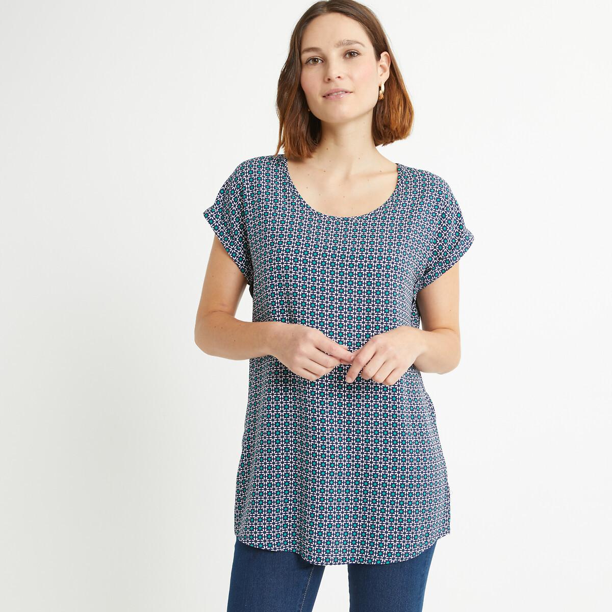 Image of Bedruckte Bluse Mit Rundem Ausschnitt & Kurzen Ärmeln Damen Blau 46
