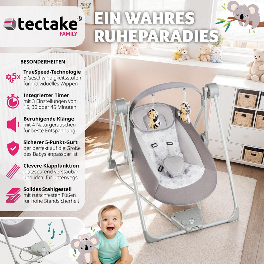 Tectake  Babyschaukel  Dogs klappbar, TrueSpeed-Technologie mit 5 Geschwindigkeitsstufen Timerfunktion mit drei Zeiteinstellungen und Abschaltautomatik 