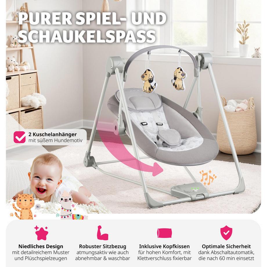 Tectake  Babyschaukel  Dogs klappbar, TrueSpeed-Technologie mit 5 Geschwindigkeitsstufen Timerfunktion mit drei Zeiteinstellungen und Abschaltautomatik 