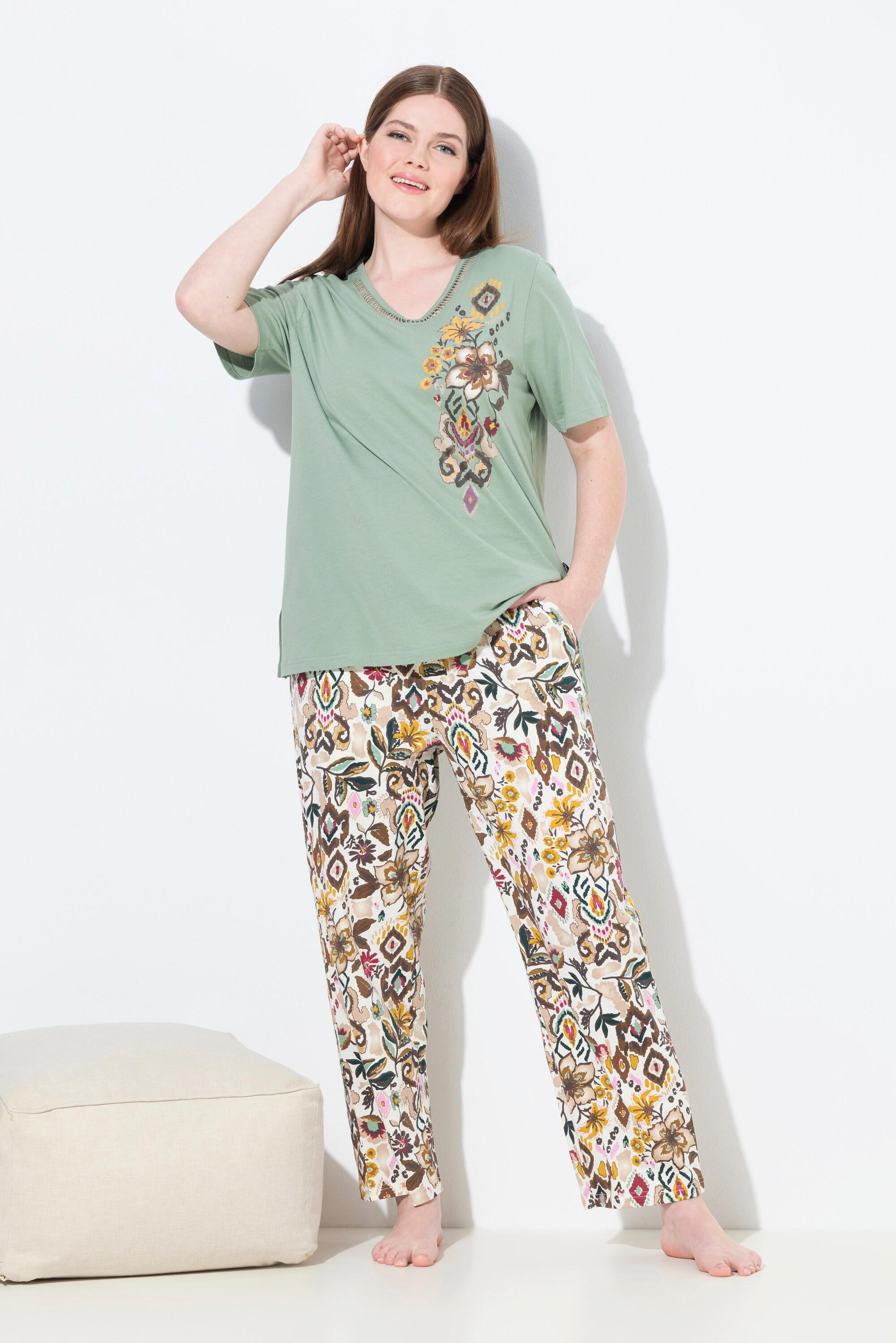 Ulla Popken Pigiama Fiori Scollo a V Mezze Maniche  