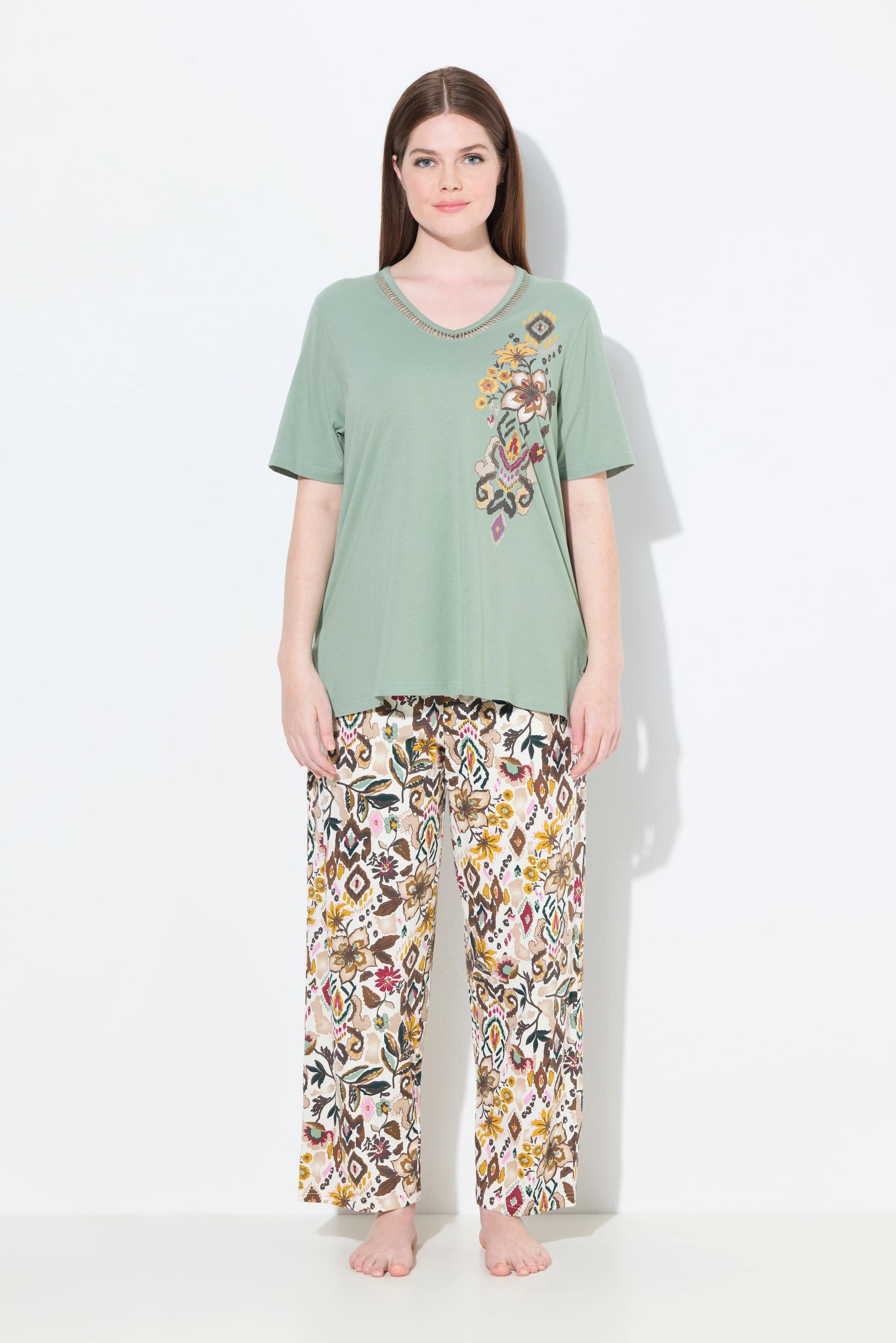 Ulla Popken Pigiama Fiori Scollo a V Mezze Maniche  