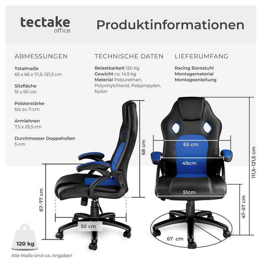 Tectake Bürostuhl Tyson ergonomische Form dicke Polsterung  
