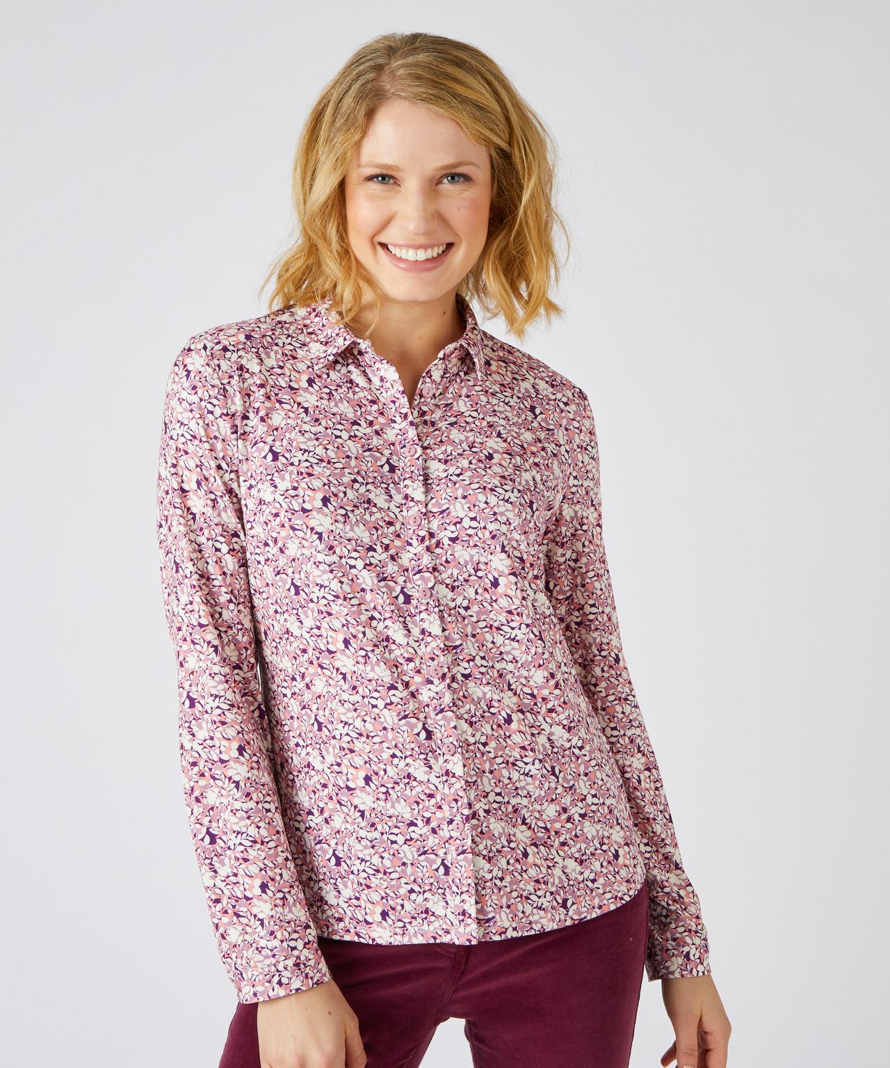 Image of Warme Bluse Mit Blattmotiv Und Samtigem Griff. Damen Violett 50/52