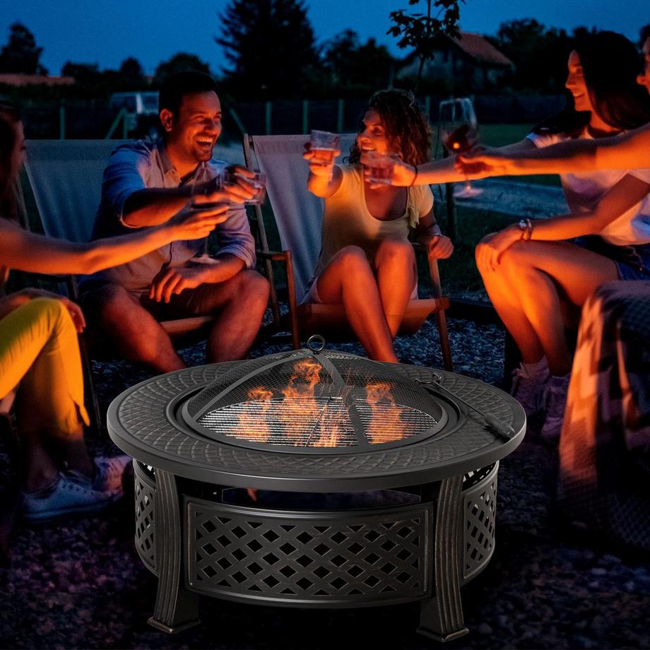 Northio Fire Bowl Poker Spark Guard Fire Basket Fire Table Round Fire Pit Garden Camping Bbq Acier Noir 81X81X50Cm  