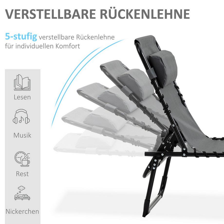 Northio Outsuuny Sonnenliege klappbar Gartenliege mit Kopfkissen, Seitentasche, Liegestuhl mit 5-Fach verstellbare Rückenlehne, wetterfeste Campingliege bis 120 kg belastbar, für Garten Strand Pool, Grau  
