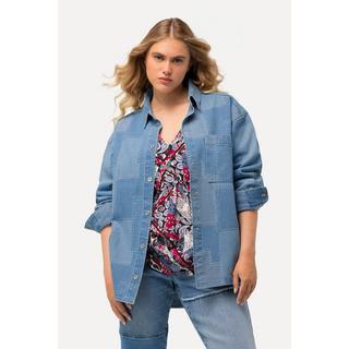 Ulla Popken  Camicia di jeans dal taglio oversize con effetto patchwork, collo da camicia e maniche lunghe 