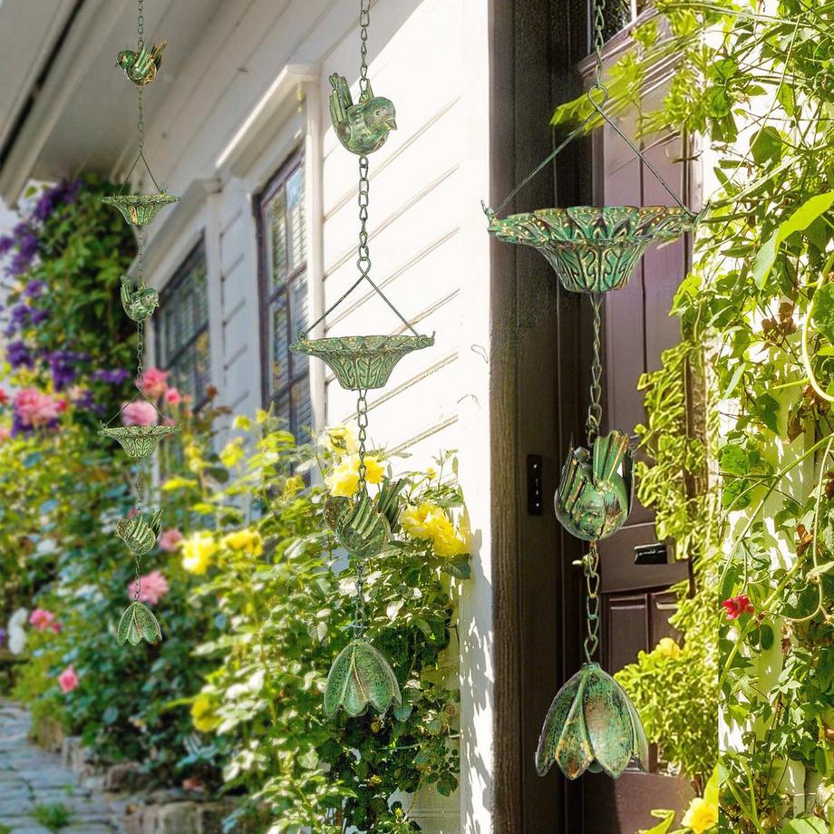 Northio  3er Set Regenkette 123cm Regenablaufkette aus Metall Ablaufkette mit befestigtem Aufhänger Vögeln Bell Dachrinnenkette Regenwasserkette Regenfängerkette für Dachrinnen Regenfänger Regenketten Aosom 