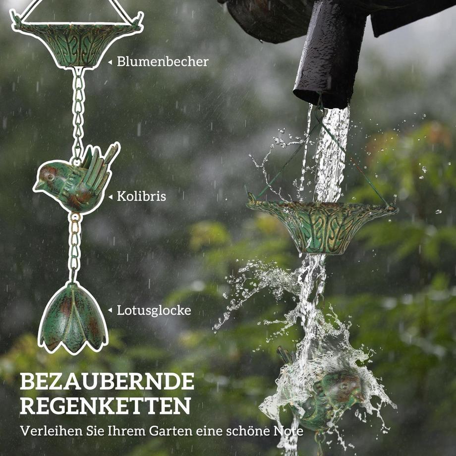 Northio  3er Set Regenkette 123cm Regenablaufkette aus Metall Ablaufkette mit befestigtem Aufhänger Vögeln Bell Dachrinnenkette Regenwasserkette Regenfängerkette für Dachrinnen Regenfänger Regenketten Aosom 