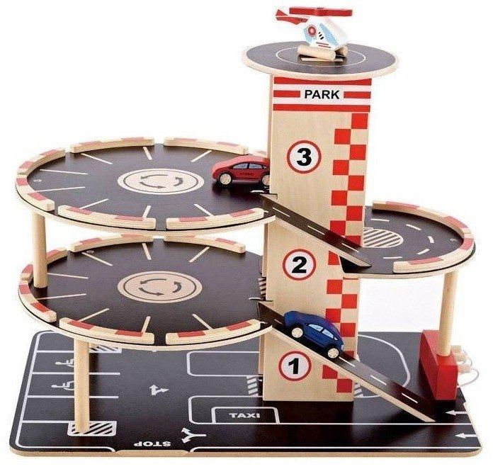 Image of Parkhaus aus Holz für Kinder Spieleset Autogarage | Auffahrrampe mit drei Parkdecks und einem Huchrauber-Landeplatz, 2 Spielzeugautos, 1 Spielzeug-Huchrauber, ein Aufzug und eine Tankstelle