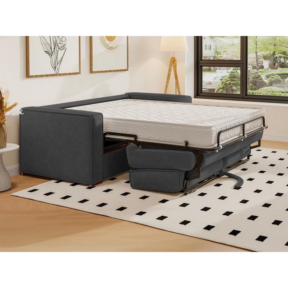 Vente-unique Schlafsofa mit Matratze 3-Sitzer - Cord - Anthrazitgrau - Liegefläche mit Lattenrost mit breiten Latten 140 cm - Matratze 18 cm - LORETO  