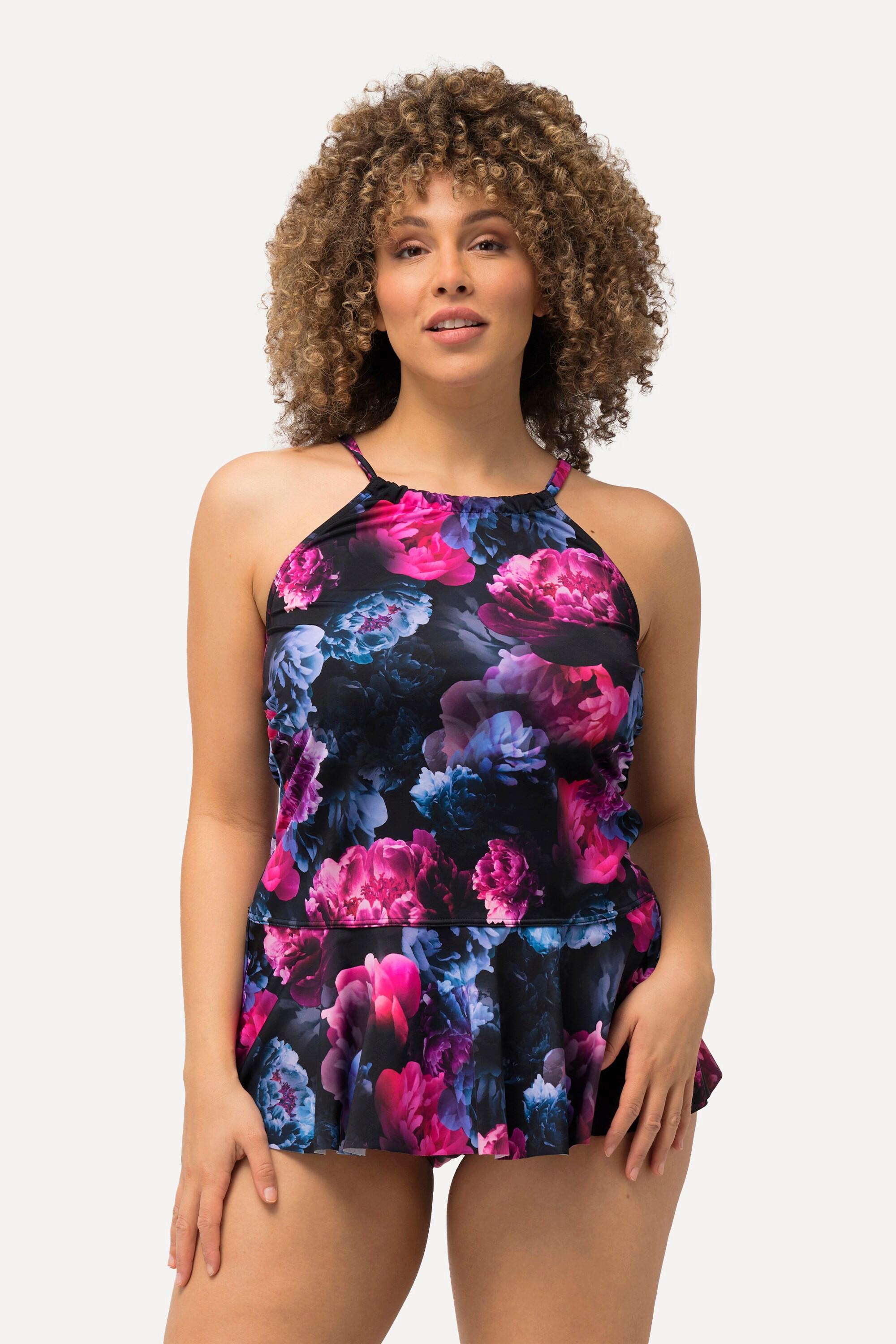 Ulla Popken  Tankini con peonie, coppe morbide e volant 