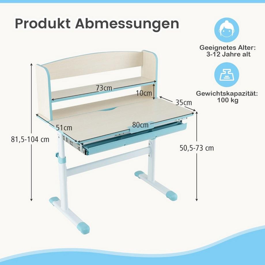 Northio Höhenverstellbarer Schreibtisch mit neigbarer Tischplatte, Schublade und Regal, Kinderschreibtisch  