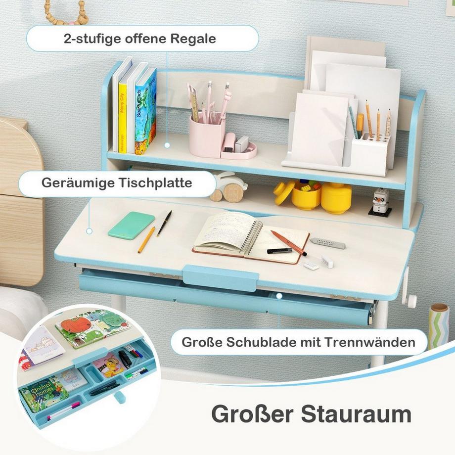 Northio Höhenverstellbarer Schreibtisch mit neigbarer Tischplatte, Schublade und Regal, Kinderschreibtisch  