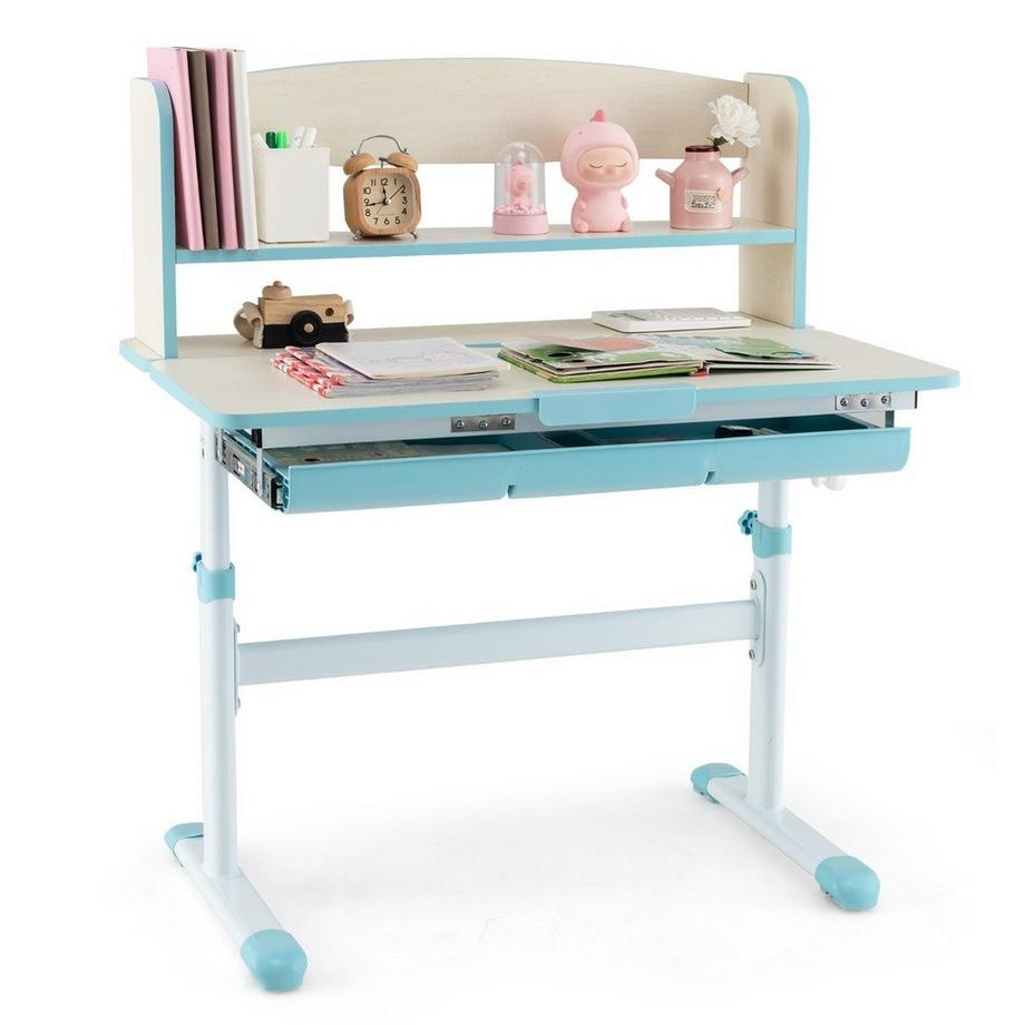 Höhenverstellbarer Schreibtisch mit neigbarer Tischplatte, Schublade und Regal, Kinderschreibtisch