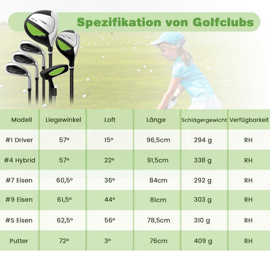 Northix  Set di mazze da golf per bambini da 6 pezzi con sacca da golf e copertura antipioggia per bambini dagli 11 ai 13 anni verde 