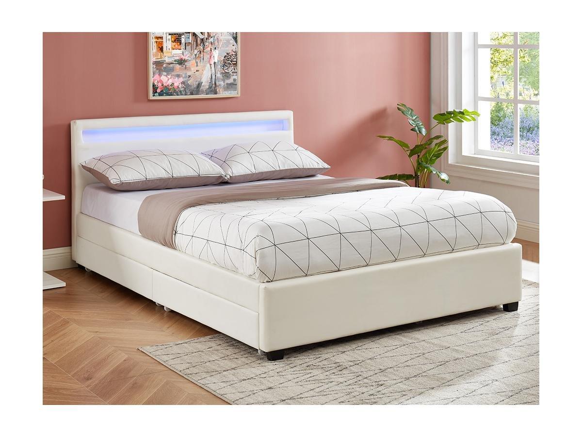 Vente-unique Lit 140 x 190 cm avec rangements - Simili blanc avec LEDs + Matelas - ALOIS II  