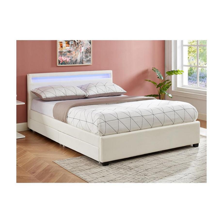 Vente-unique Letto 140 x 190 cm Con vani portaoggetti Similpelle Bianco con LED + Materasso - ALOIS II  