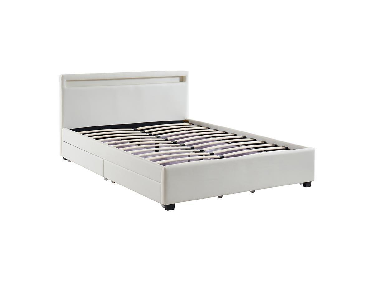 Vente-unique Lit 140 x 190 cm avec rangements - Simili blanc avec LEDs + Matelas - ALOIS II  