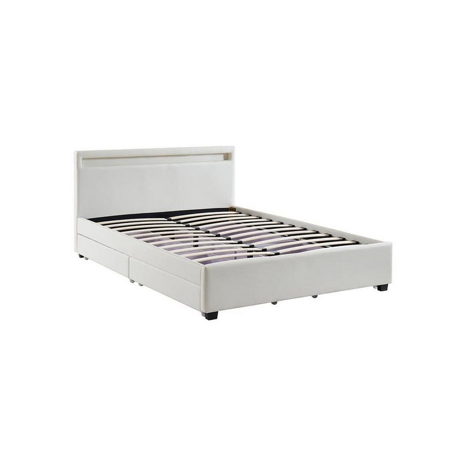 Vente-unique Letto 140 x 190 cm Con vani portaoggetti Similpelle Bianco con LED + Materasso - ALOIS II  