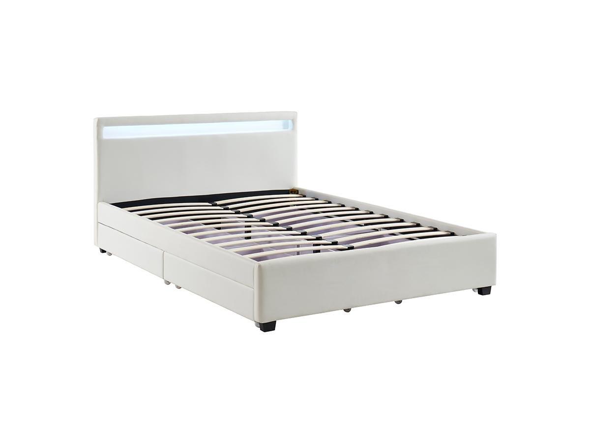 Vente-unique Lit 140 x 190 cm avec rangements - Simili blanc avec LEDs + Matelas - ALOIS II  