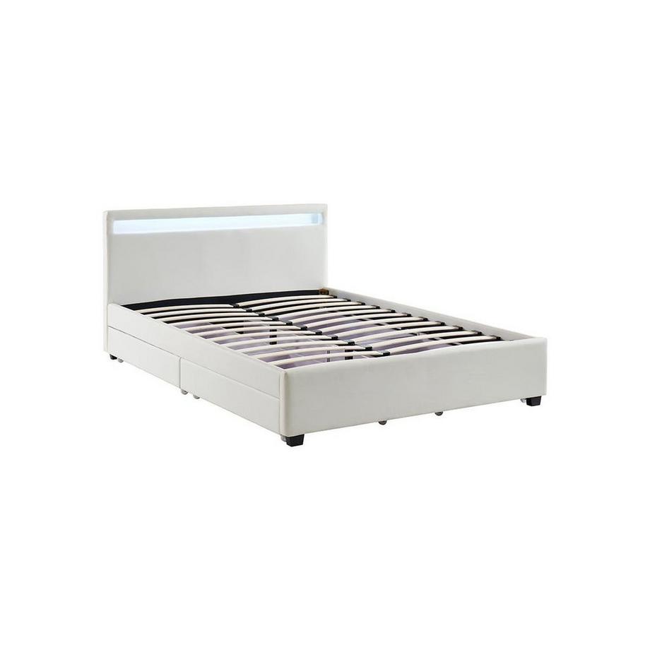 Vente-unique Letto 140 x 190 cm Con vani portaoggetti Similpelle Bianco con LED + Materasso - ALOIS II  