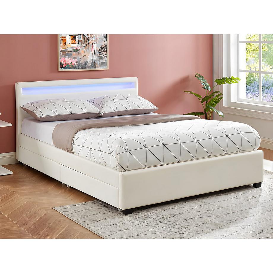 Vente-unique Letto 140 x 190 cm Con vani portaoggetti Similpelle Bianco con LED + Materasso - ALOIS II  