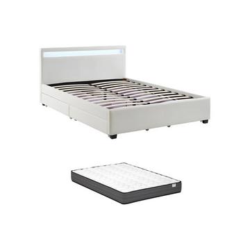 Lit 140 x 190 cm avec rangements - Simili blanc avec LEDs + Matelas - ALOIS II