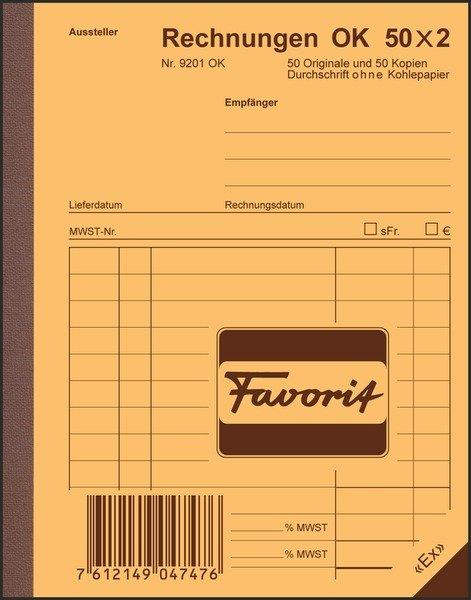 Favorit FAVORIT Formularbuch Rechnungen A6 9201 OK Durchschreibepapier 50x2 Blatt  