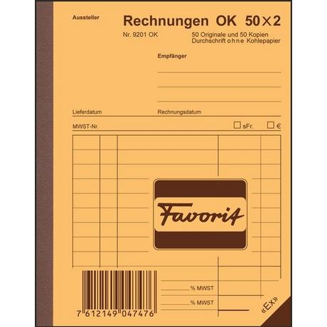 Favorit FAVORIT Formularbuch Rechnungen A6 9201 OK Durchschreibepapier 50x2 Blatt  