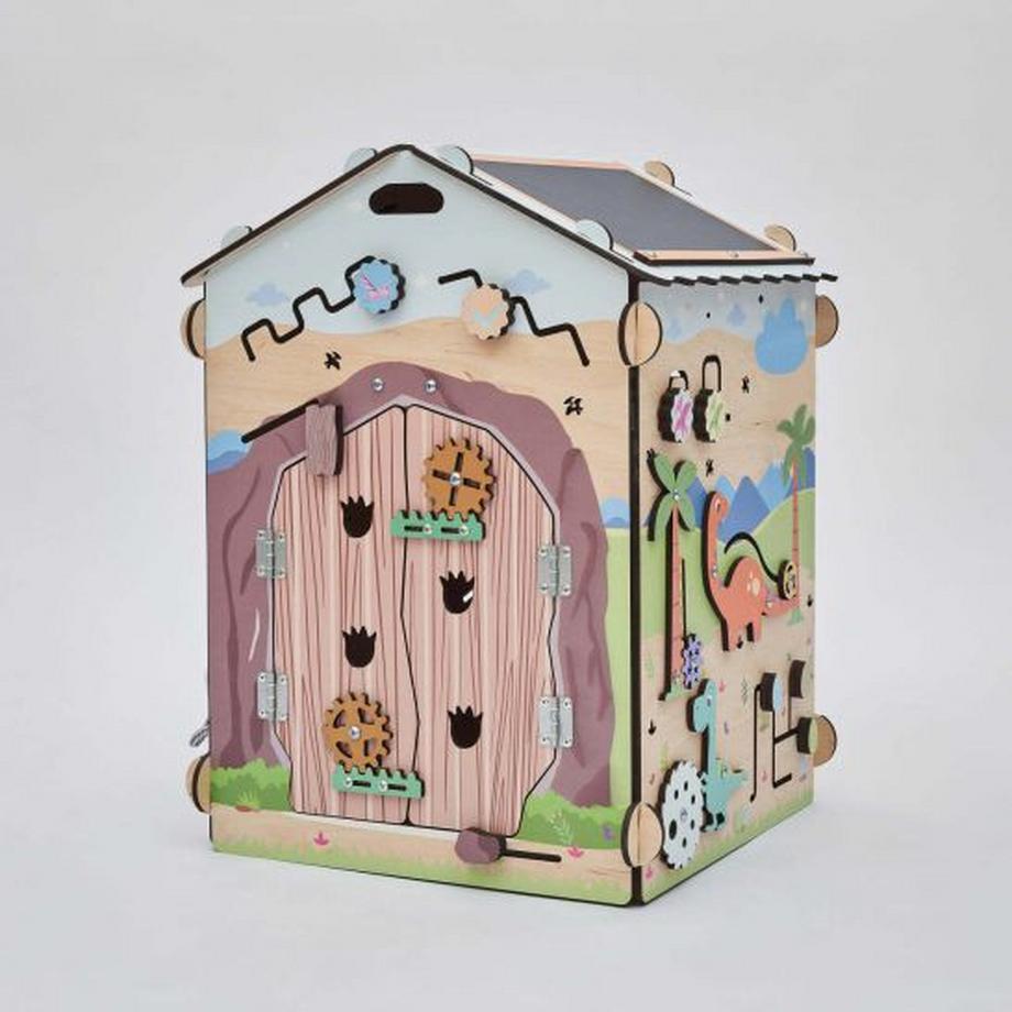 Montessori  Montessori® by Busy Kids® – Dinosaurier Busy House mit Beleuchtung, 6 Activity-Boards (Holz) 