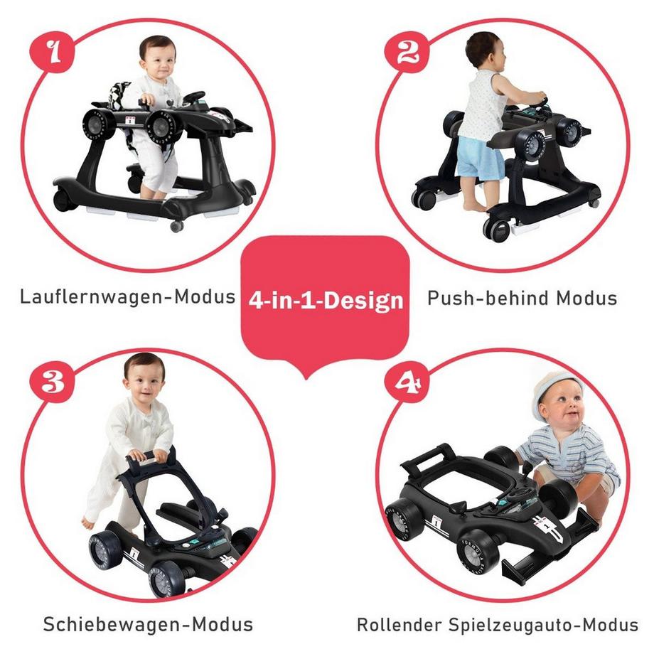 Northix  4 in 1 Lauflernwagen Klappbarer Lauflernwagen 73 x 61 x 51,5/53,5/55,5 cm Schwarz 