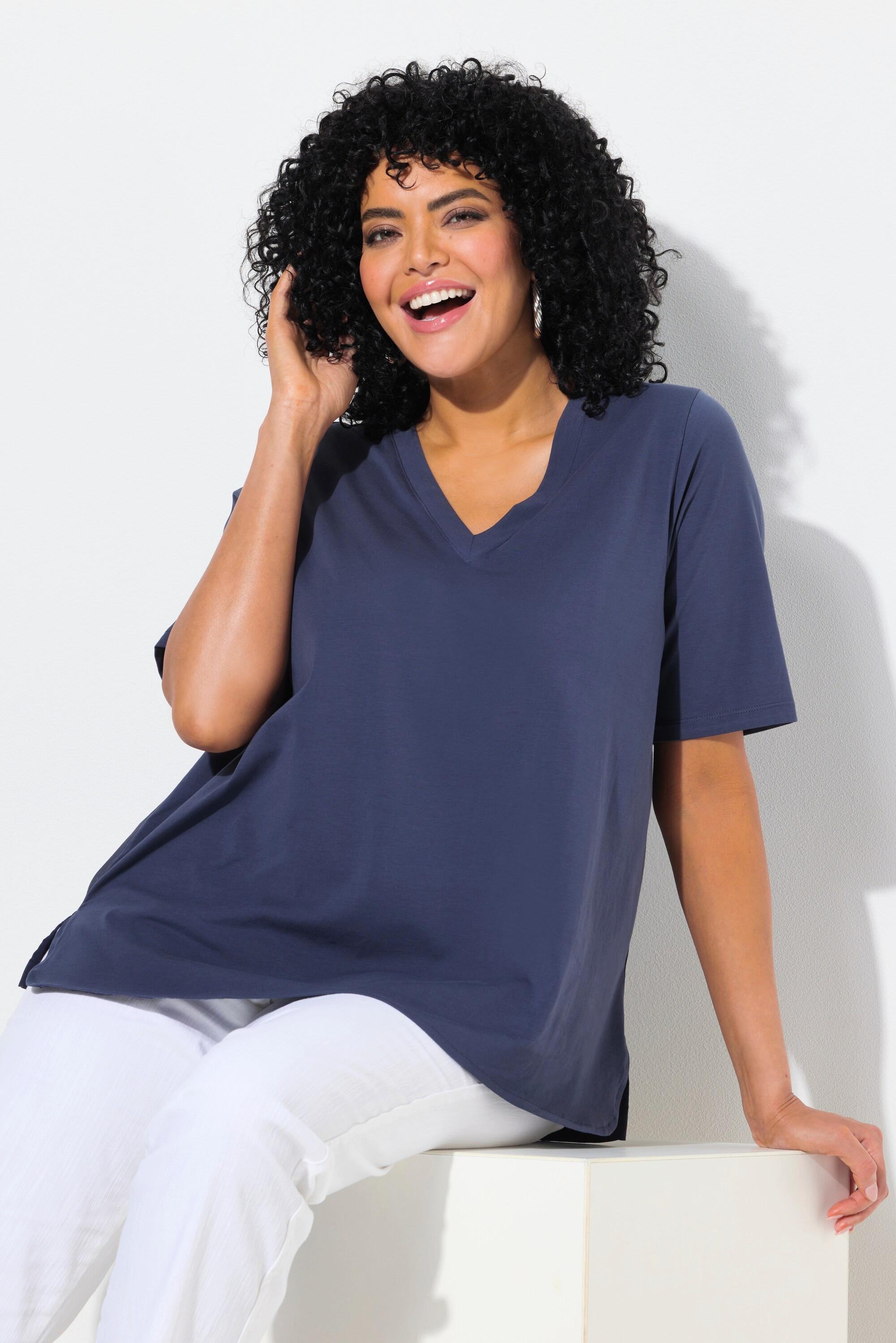 Ulla Popken Materialmix A-Linie V-Ausschnitt Halbarm T-Shirt  