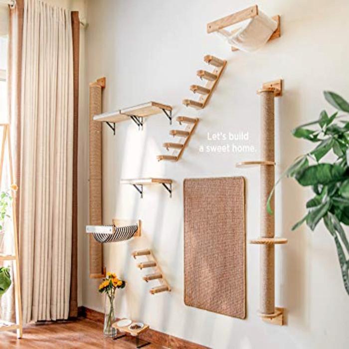 Alopini  Mur de hamac pour chat, Grande étagère pour chat pour montage mural, en bois d'hévéa massif, Lit pour chat moderne pour dormir, jouer et se prélasser 