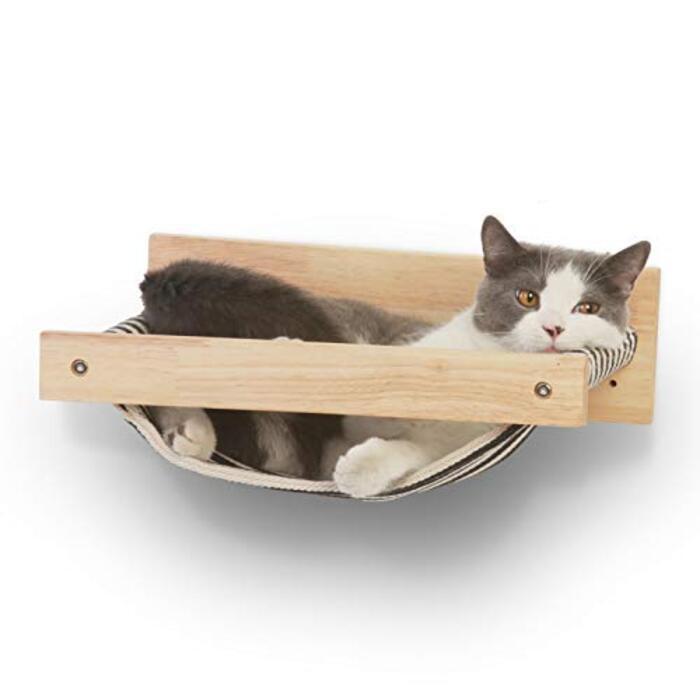 Alopini  Mur de hamac pour chat, Grande étagère pour chat pour montage mural, en bois d'hévéa massif, Lit pour chat moderne pour dormir, jouer et se prélasser 