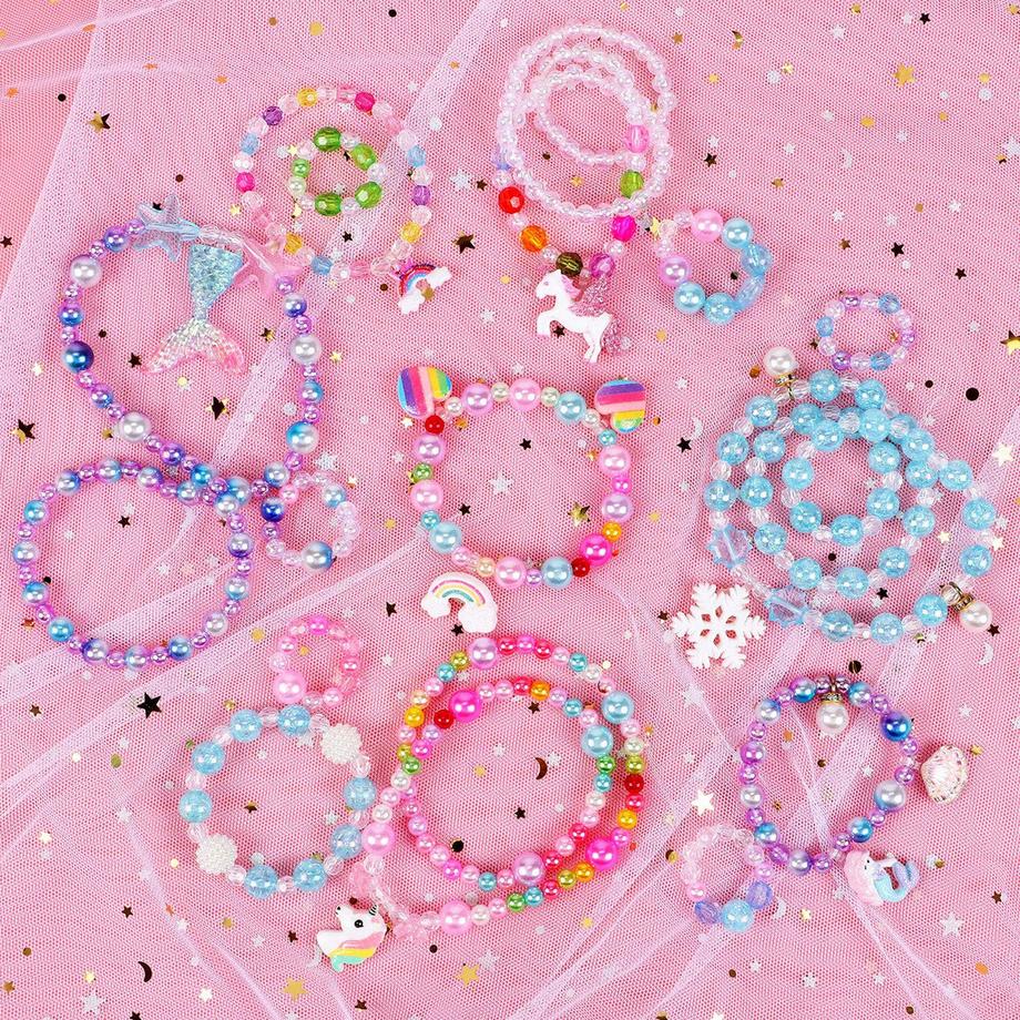Activity-board  Perlen zum Auffädeln Kinderschmuck Basteln mit Einhorn Regenbogen Meerjungfrau Anhänger Buntes Perlenset für Armbänder Halsketten DIY Geschenke 