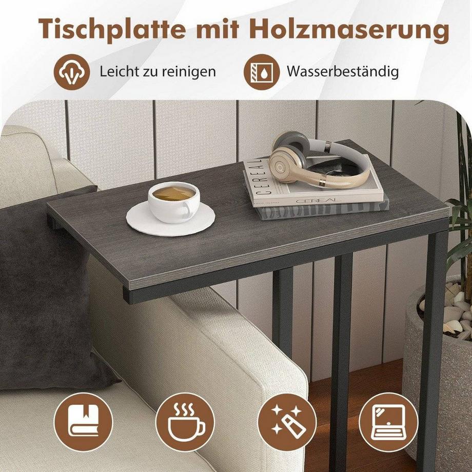 Beistelltisch C-Form Sofatisch mit Metallgestell Kaffeetisch für Wohnzimmer Grau