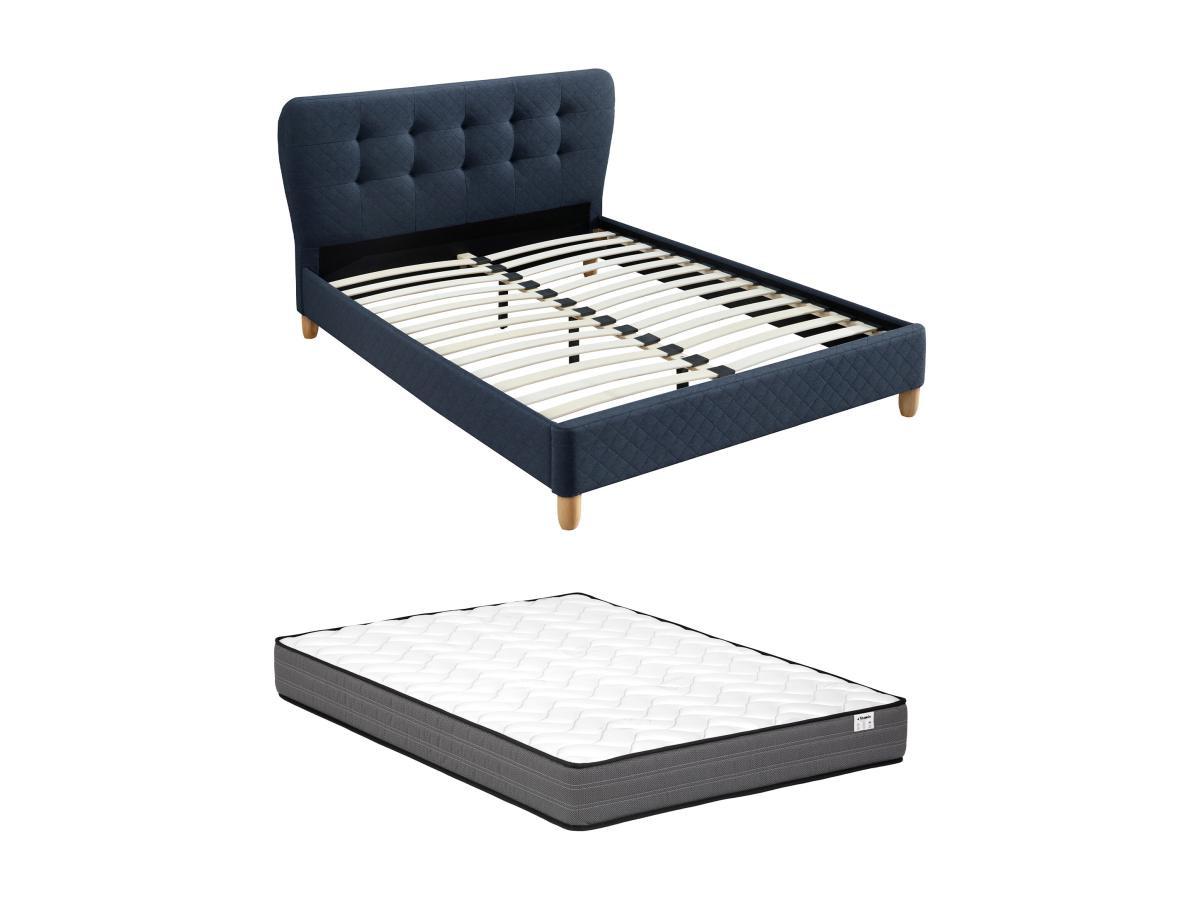Image of Polsterbett 140 x 190 cm mit gestepptem Kopfteil + Matratze - Stoff - Blau - ELIDE Polsterbett 140 x 190 cm mit gestepptem Kopfteil + Matratze - Stoff - Blau - ELIDE