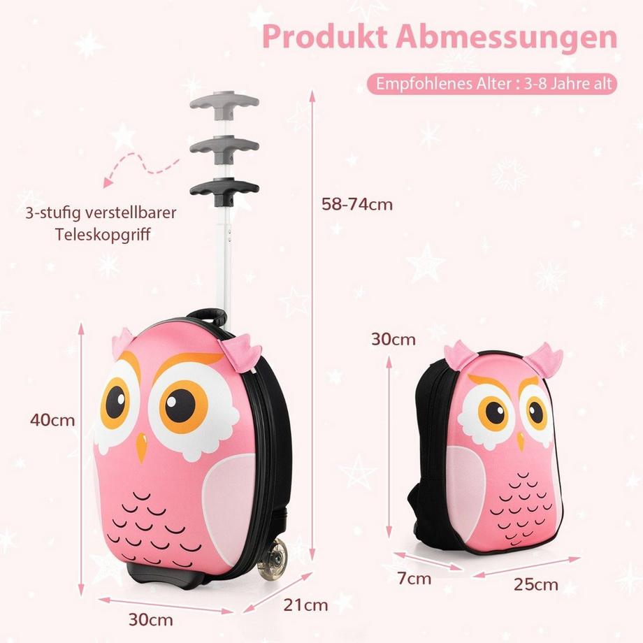 B2X  2 TLG Kinderkoffer & Rucksack mit Rollen & 3 stufigem Teleskopgriff 12”+16” Kindertrolley Eule 