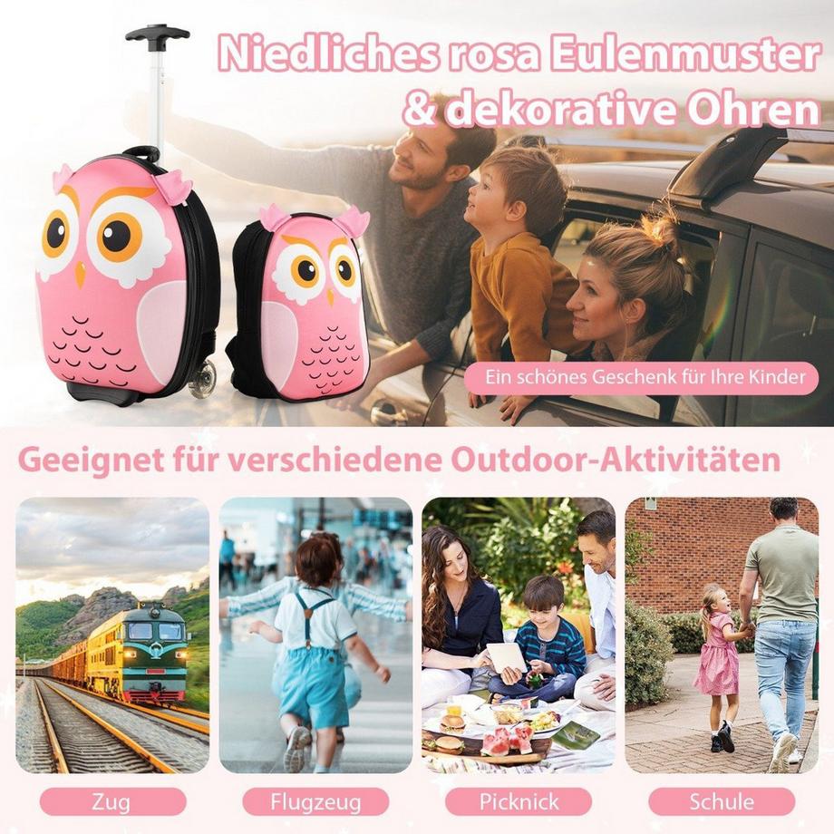 B2X  2 TLG Kinderkoffer & Rucksack mit Rollen & 3 stufigem Teleskopgriff 12”+16” Kindertrolley Eule 