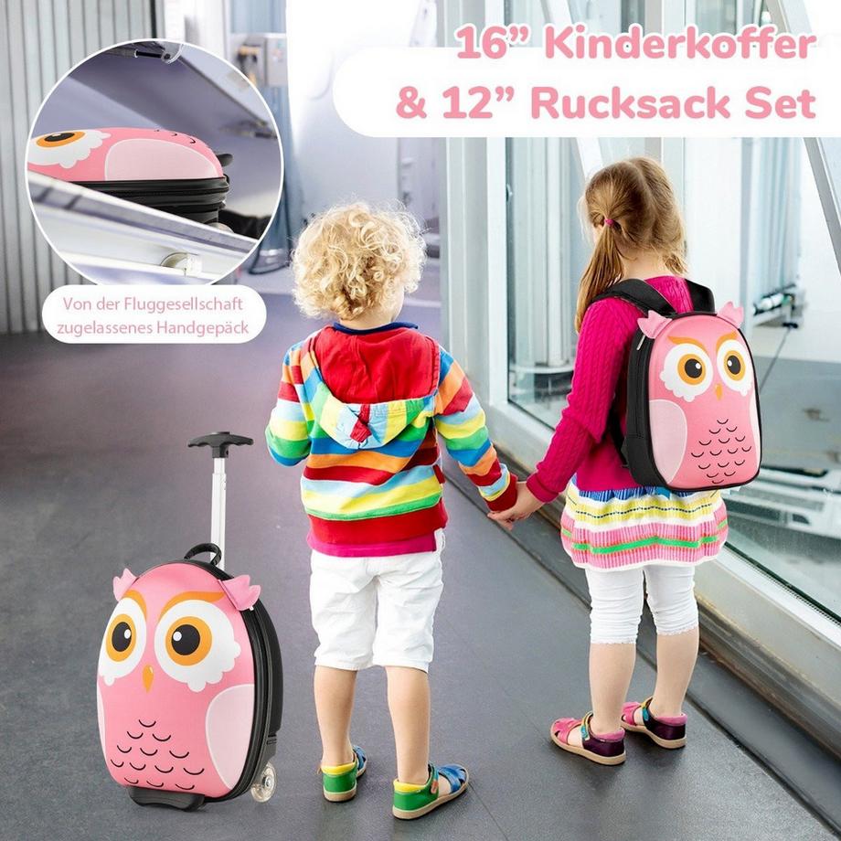 B2X  2 TLG Kinderkoffer & Rucksack mit Rollen & 3 stufigem Teleskopgriff 12”+16” Kindertrolley Eule 