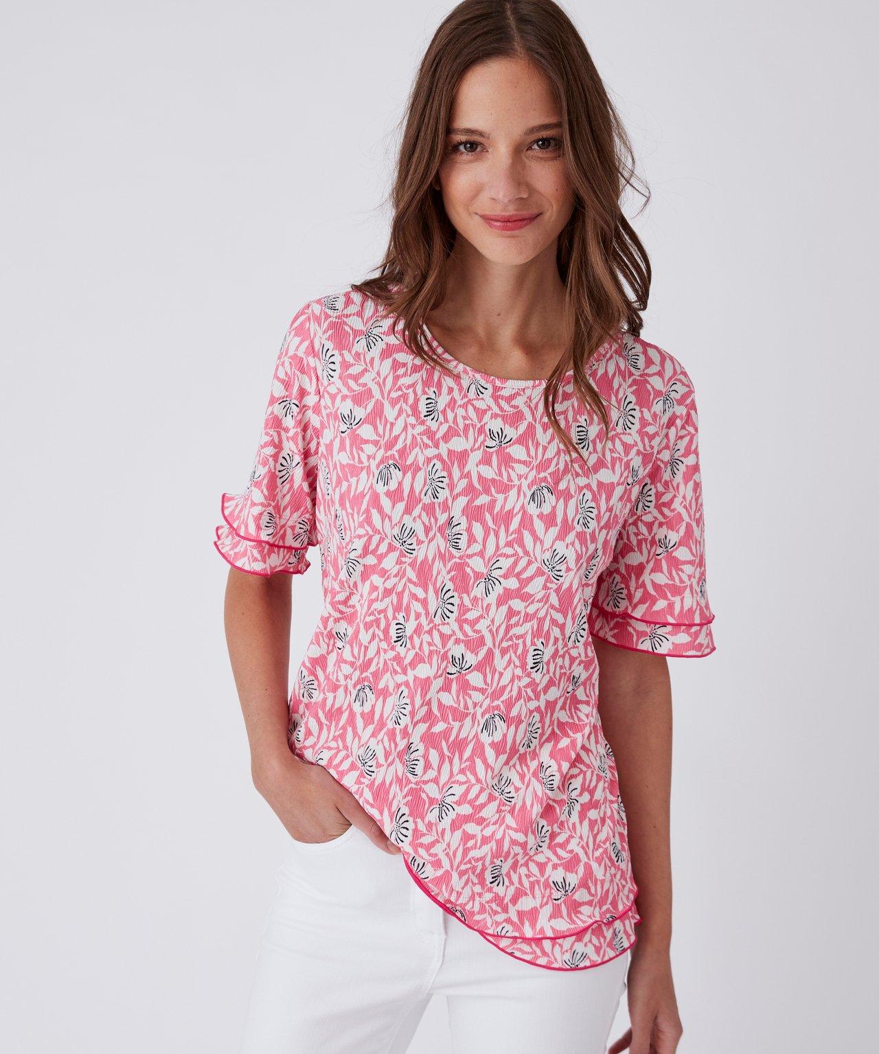 Image of Plissee-shirt In Volantoptik, Rundhalsausschnitt, Trapezform. Damen Rosa 38/40