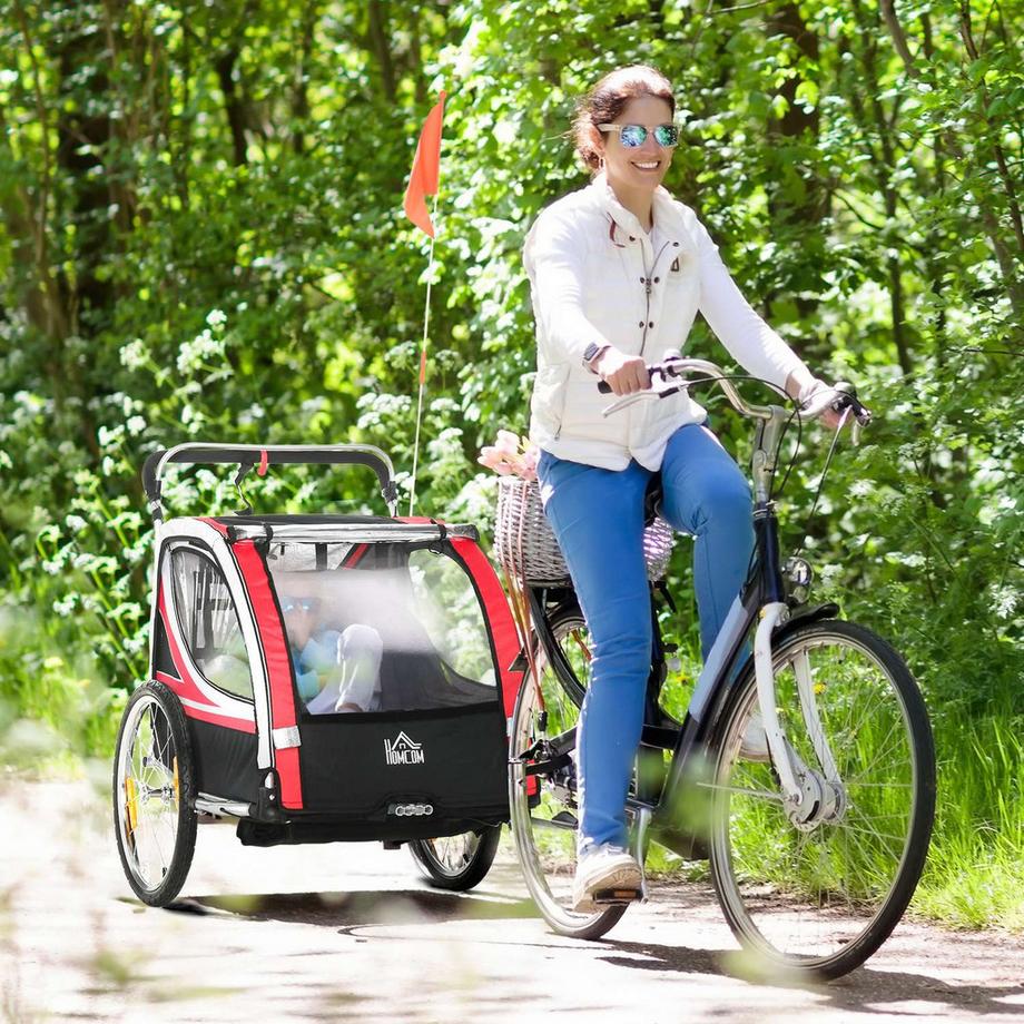 Northio  Remorque Vélo Enfant Suspension 2 En 1, Porte Grillagée, Roue Avant Rotative 360°, Frein, Rouge+Noir, 142X75X101Cm 