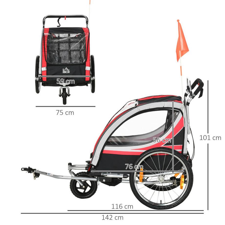 Northio  Remorque Vélo Enfant Suspension 2 En 1, Porte Grillagée, Roue Avant Rotative 360°, Frein, Rouge+Noir, 142X75X101Cm 
