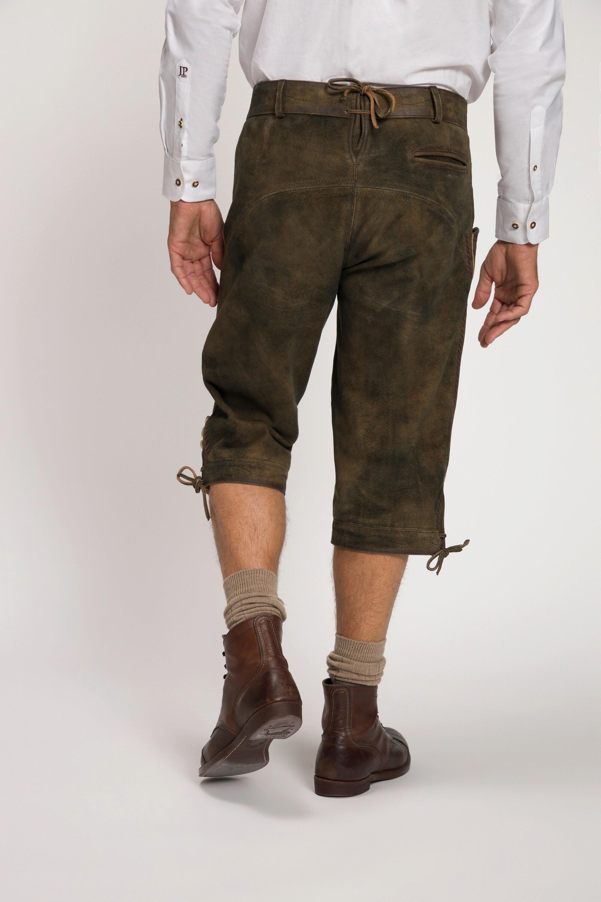 JP1880  Lederhosen a 3/4 in tradizionale stile Tracht in pelle scamosciata di capra con ricami tradizionali 